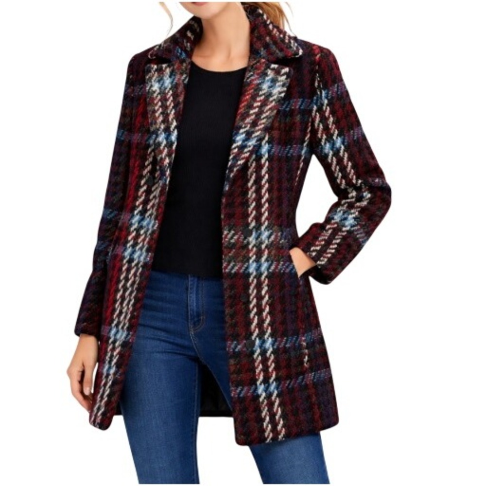 H&M Women's Red Check Snap Front‎ Wool Blend Jacquard Coat Size S